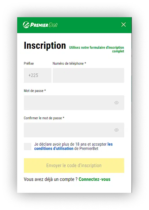 formulaire d'inscription premierbet