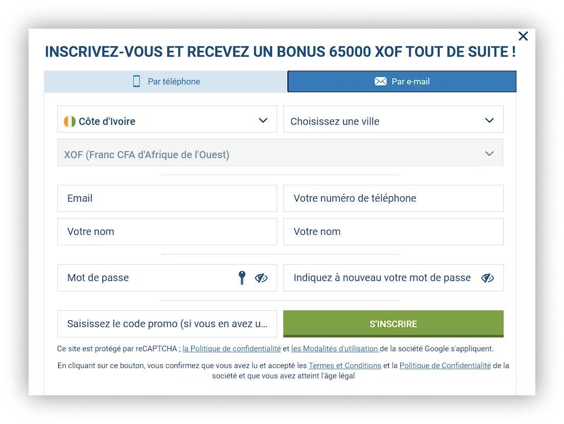 formulaire d'inscription 1xbet