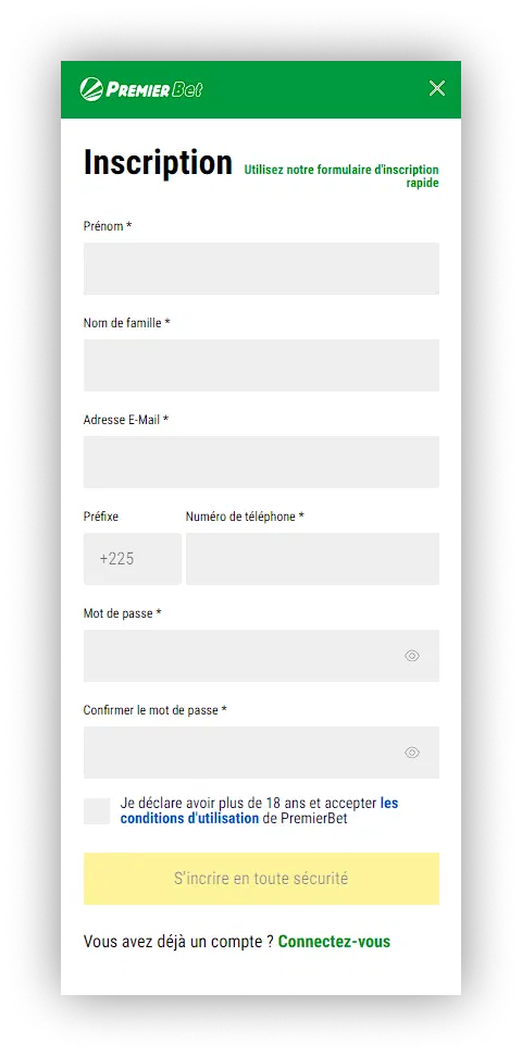formulaire d'inscription premierbet