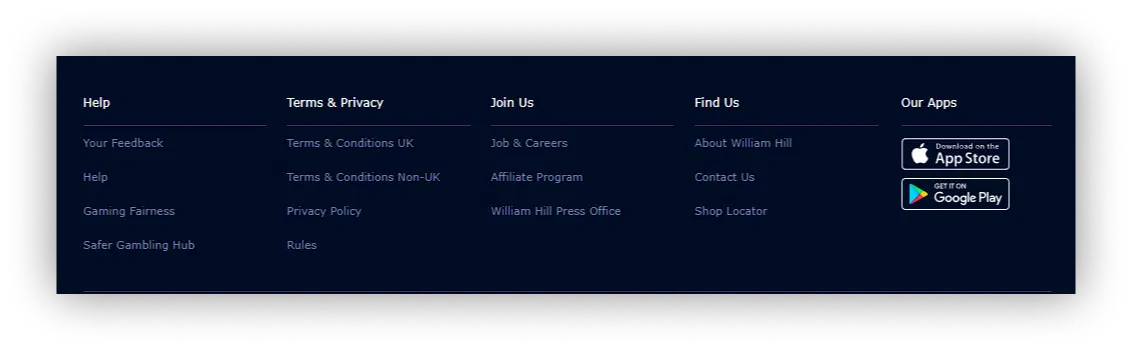 bas de la page du site William Hill