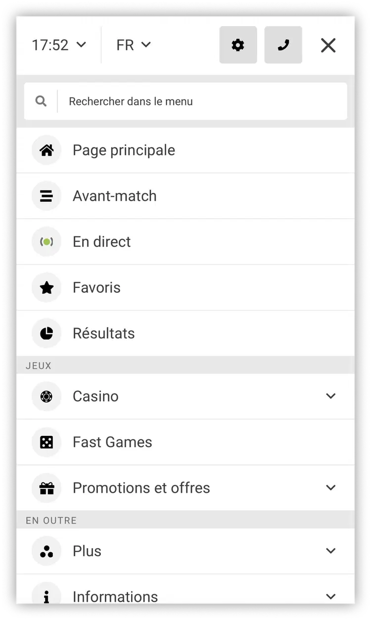 menu de version mobile melbet