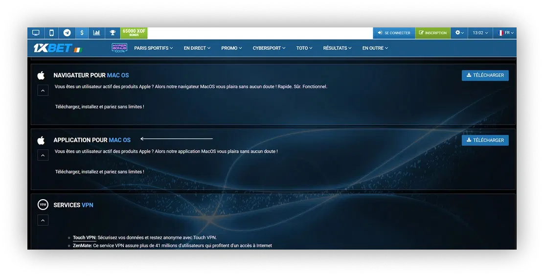  Application pour Mac OS 1xbet