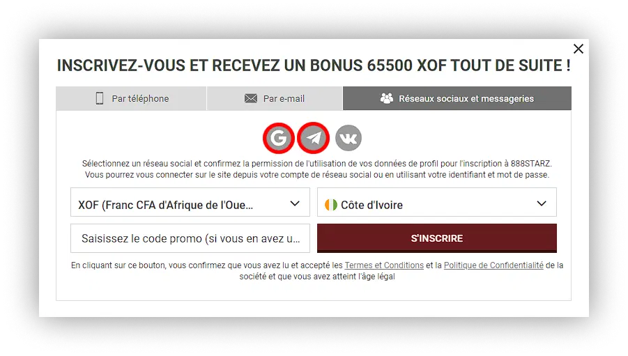 inscription via reseaux socieaux 888Starz