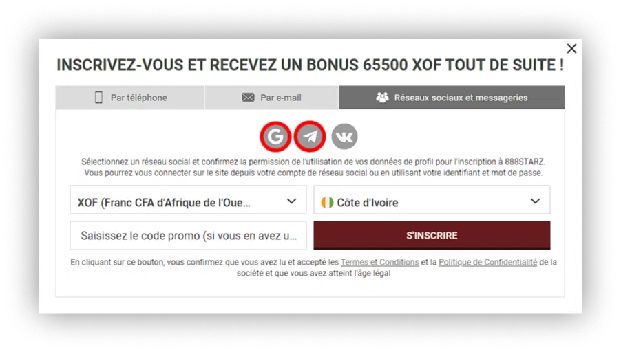 inscription via reseaux socieaux 888Starz