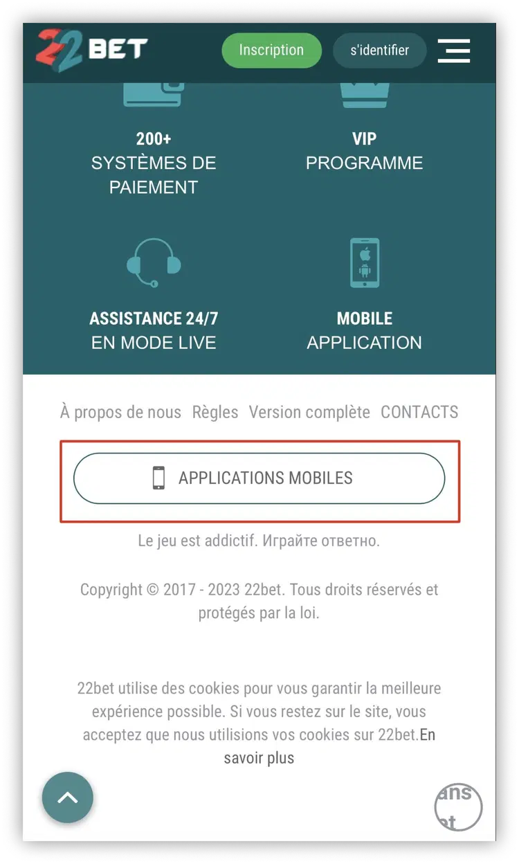 applications mobiles 22bet