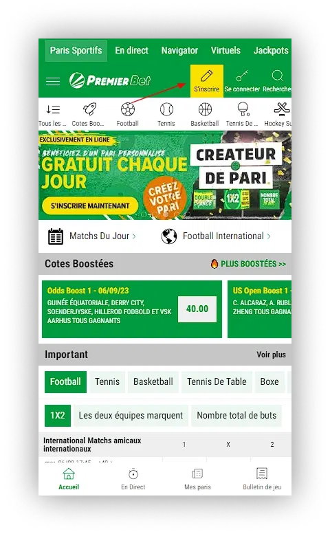 s"incrire premier bet