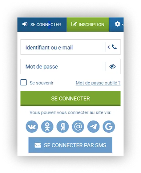 formulaire de connexion 1xbet