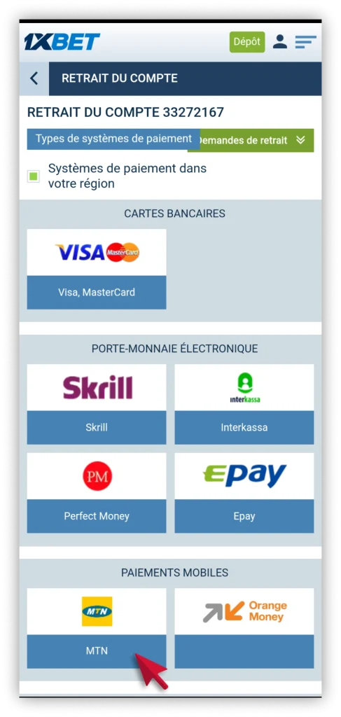 méthode de paiement 1xbet