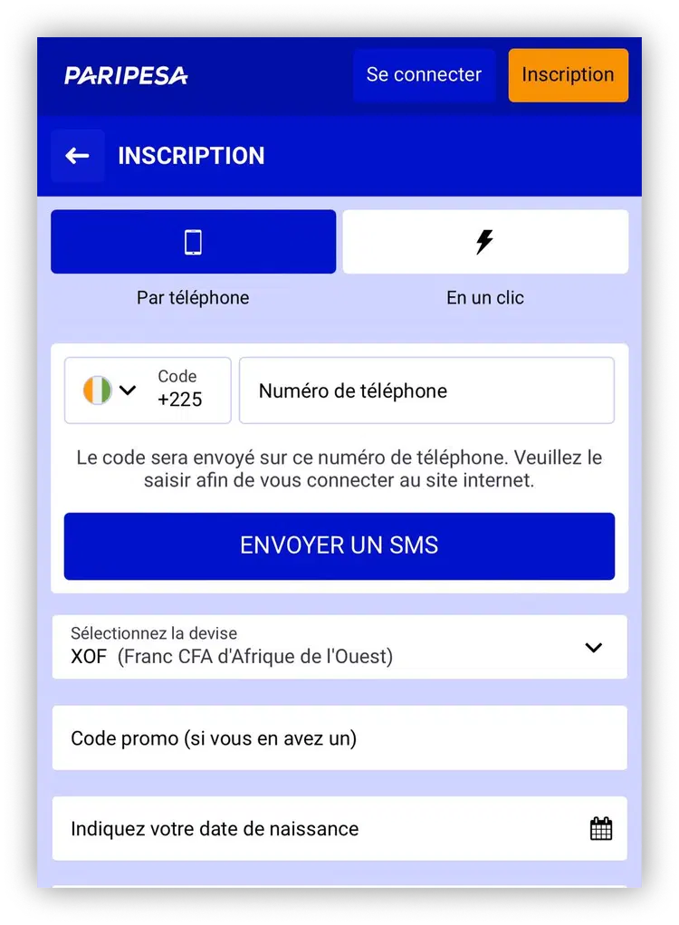 inscription par numero de telephone PariPesa