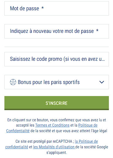 formulaire d'inscription 1xbet