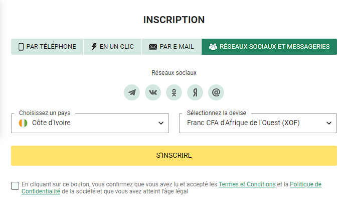 inscription via réseaux sociaux et messageries Betwinner