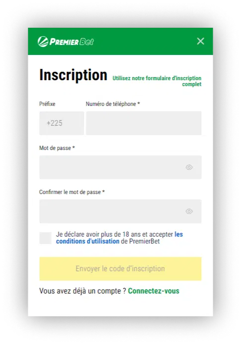 Formulaire d'inscription Premier Bet Quick