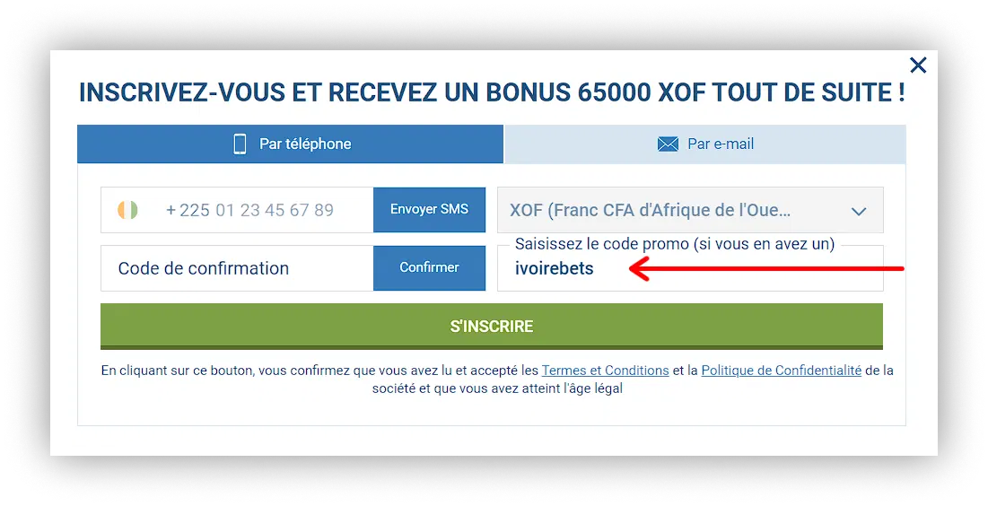 activation du code promo par téléphone 1xbet