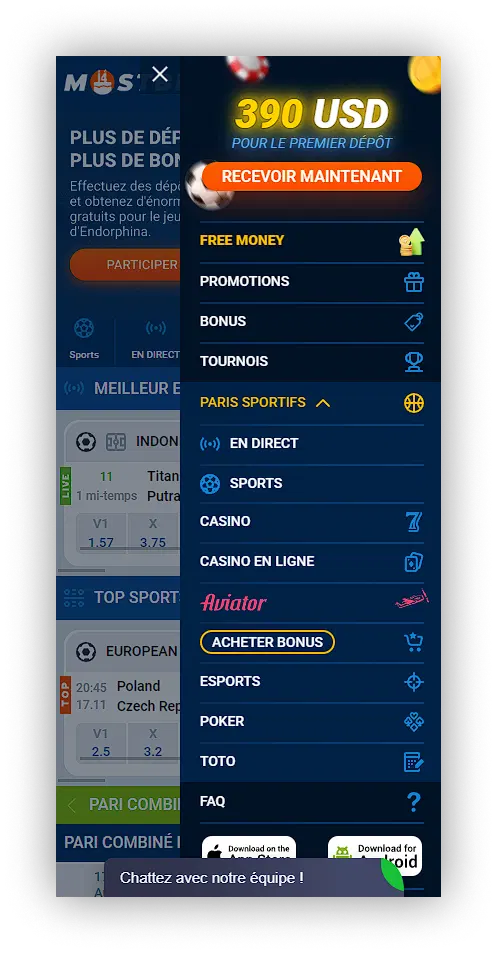 Menu de version mobile Mostbet