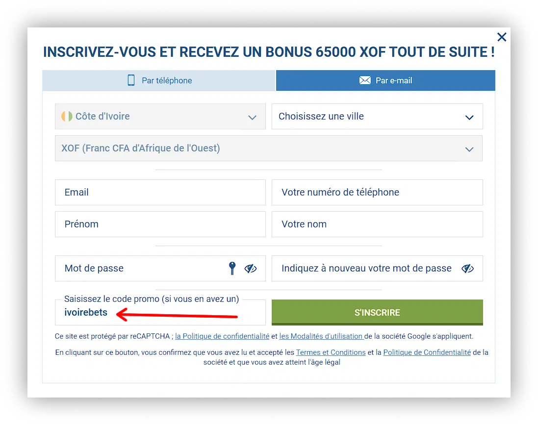 activation du code promo par e-mail 1xbet