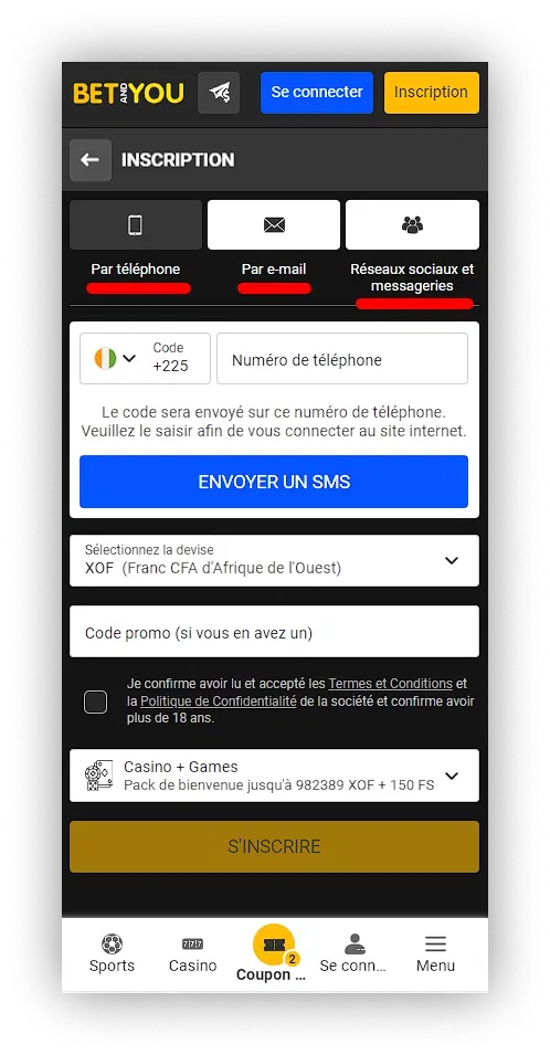 Inscription à la version mobile de Betandyou