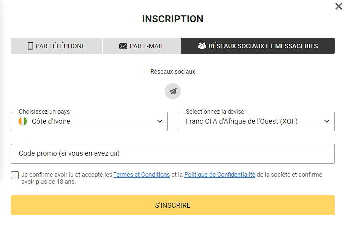 Inscription via les réseaux sociaux et les messageries Betandyou