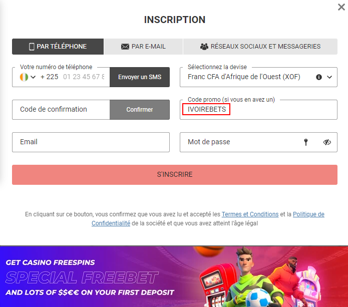 Code promo dans le formulaire d'inscription à Megapari