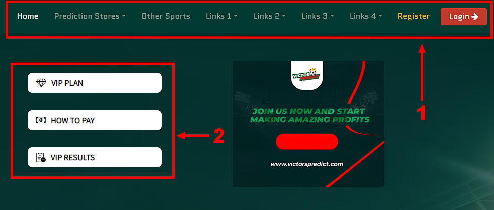 Deux menus de site web de Victorpredicts
