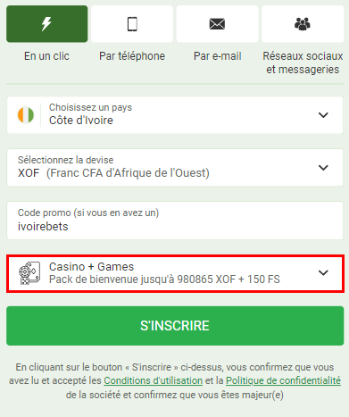 Sélection du bonus de bienvenue dans le formulaire d'inscription de Linebet