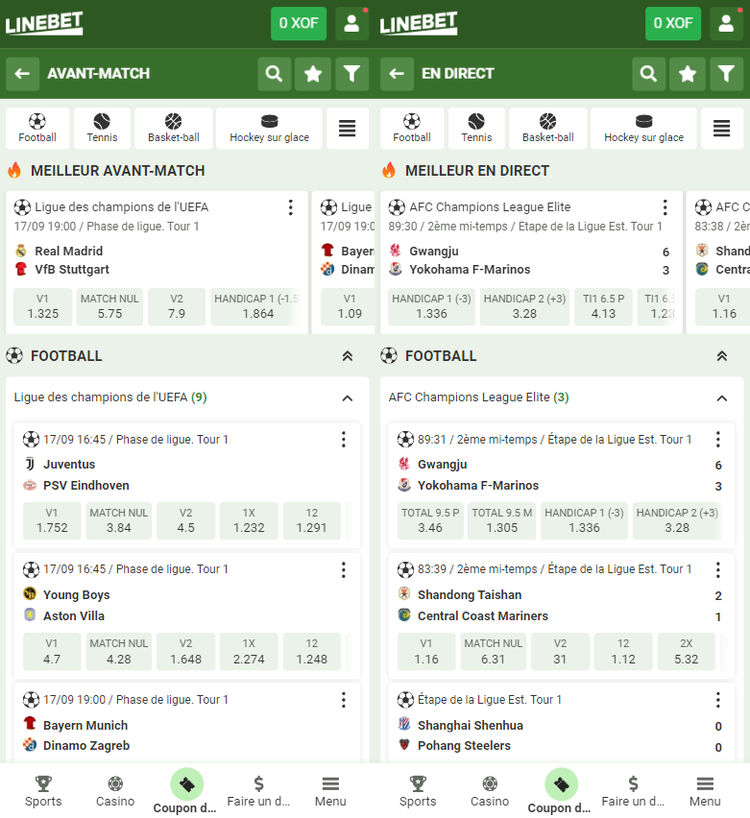 Sports dans l'application Linebet