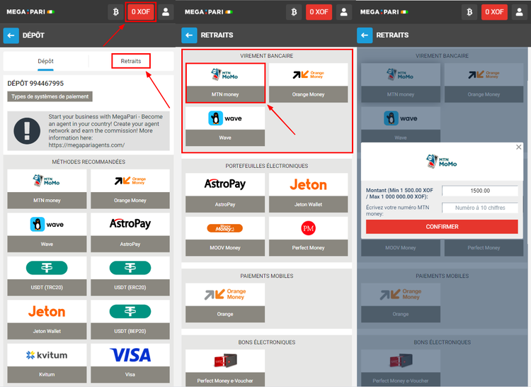 Retrait des gains de Megapari via MTN Money